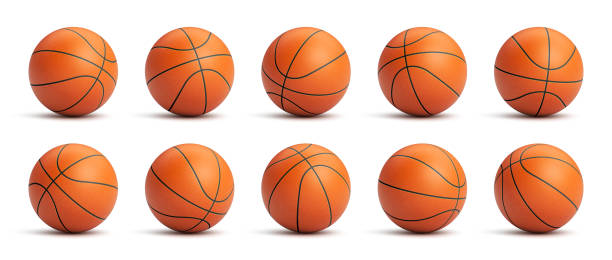 Set of orange basketball balls Set of orange basketball balls with leather texture in different positions dribbling stock illustrations