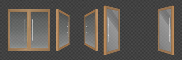 ilustrações de stock, clip art, desenhos animados e ícones de open and closes glass doors with wooden frame - door symmetry wood closed