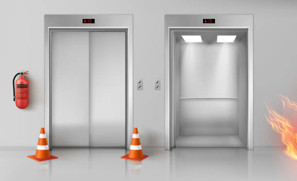 복도, 엘리베이터 문 및 소화기에서 화재 - elevator push button stainless steel floor stock illustrations