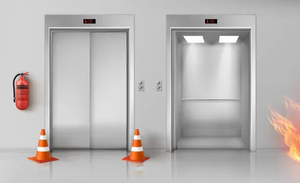 Vector illustration of Fire in hallway, elevator doors and extinguisher