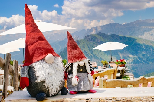 Funny elfs decoration, Dolomites Italy, European Alps