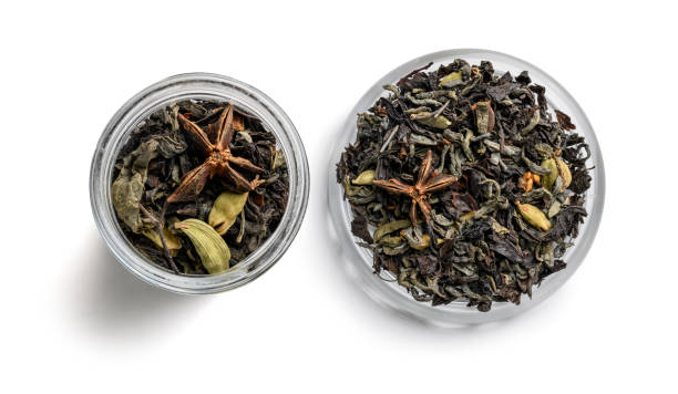 istock Green tea with aromatic additives. Top view on white background 1196796763