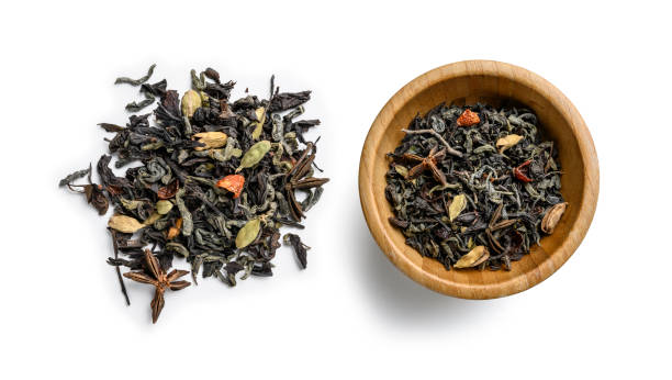 istock Green tea with aromatic additives. Top view on white background 1196796767