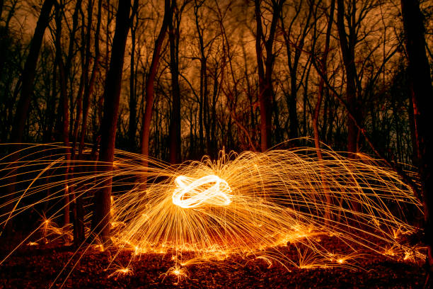 istock Abstract Image of Burning Wirewool being used to make circle like light trails at Night 1196799477