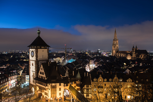 cityscape at night, Freiburg im Breisgau is a university city in southwest germany.