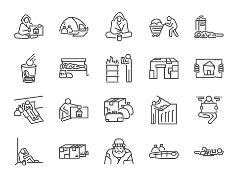 Homeless line icon set. Included icons as poor, empty, homelessness, living on the streets, trash, abandon and more.