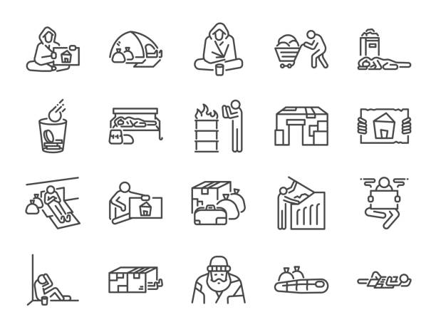 Homeless line icon set. Included icons as poor, empty, homelessness, living on the streets, trash, abandon and more. Homeless line icon set. Included icons as poor, empty, homelessness, living on the streets, trash, abandon and more. homelessness stock illustrations