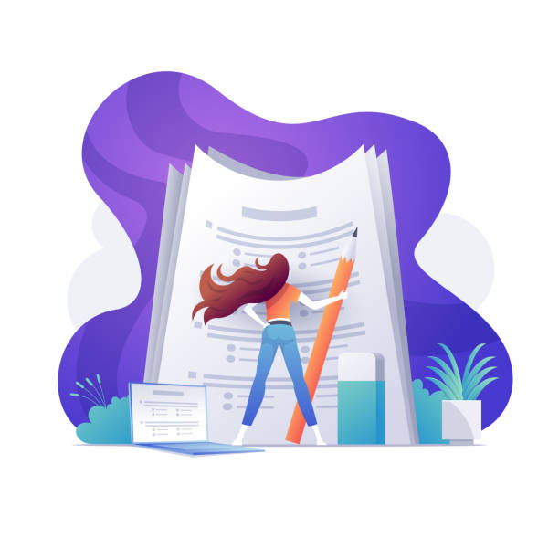 A self confident woman standing on big papers A self-confident woman standing on big papers. Education, exam, poll, success concept. Bright vibrant purple isolated vector illustration. university clipart stock illustrations