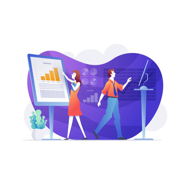 Business analysts are working on tablet and computer with graphs data Business analysts are working on large screens with graphs data. Business and data analyze concept. Bright vibrant purple isolated vector illustration. organization improvement risk finance stock illustrations