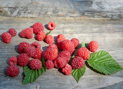 ripe juicy raspberries are scattered on a wooden floor