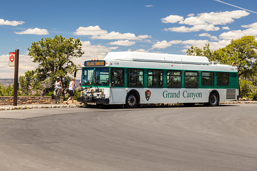 Grand, Canyon Village, Arizona, USA- 31 May 2015: Shuttle bus transporting tourists around the Grand Canyon National Park.
