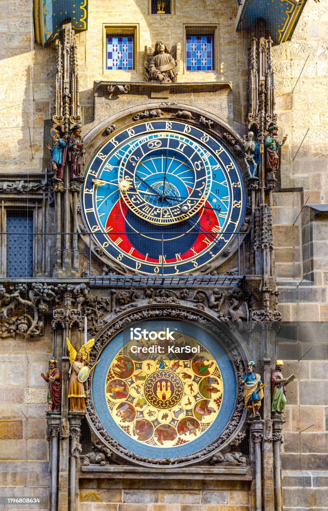 Astronomical clock in the square of the old city of Prague, Czech Republic. Prague, Czech republic - September 12, 2019: Beautiful big vintage clock with arrows and decorations in the form of figures and stucco in the center of Prague. Famous astronomical mechanical clock on tower in old town Architecture Stock Photo