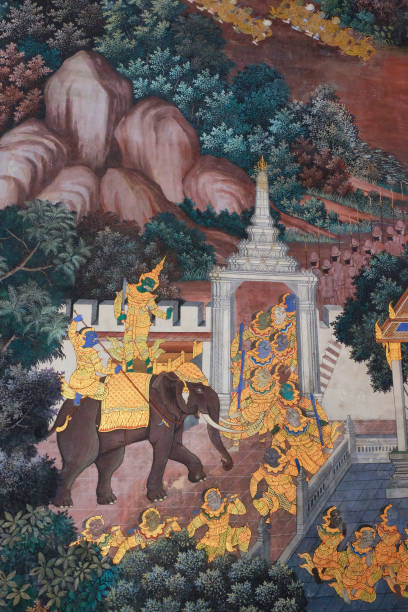 pinturas da parede de um elefante de luta do templo do buddha esmeralda. - temple wat phra kaeo mural wall - fotografias e filmes do acervo