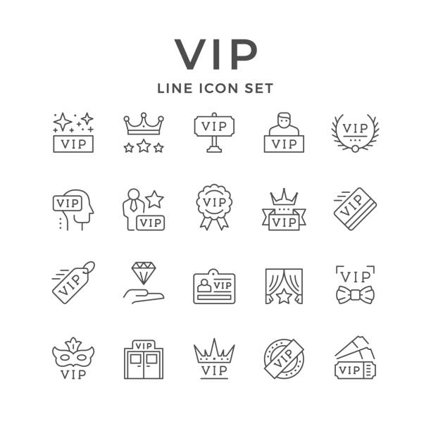 Set line icons of VIP Set line icons of VIP isolated on white. Very important person, pass card, royal sign, celebrity symbol, privilege entrance, anonymous guest, special member. Vector illustration upper class stock illustrations