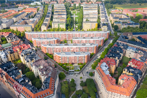 Flying over central Stockholm, apartment buildings