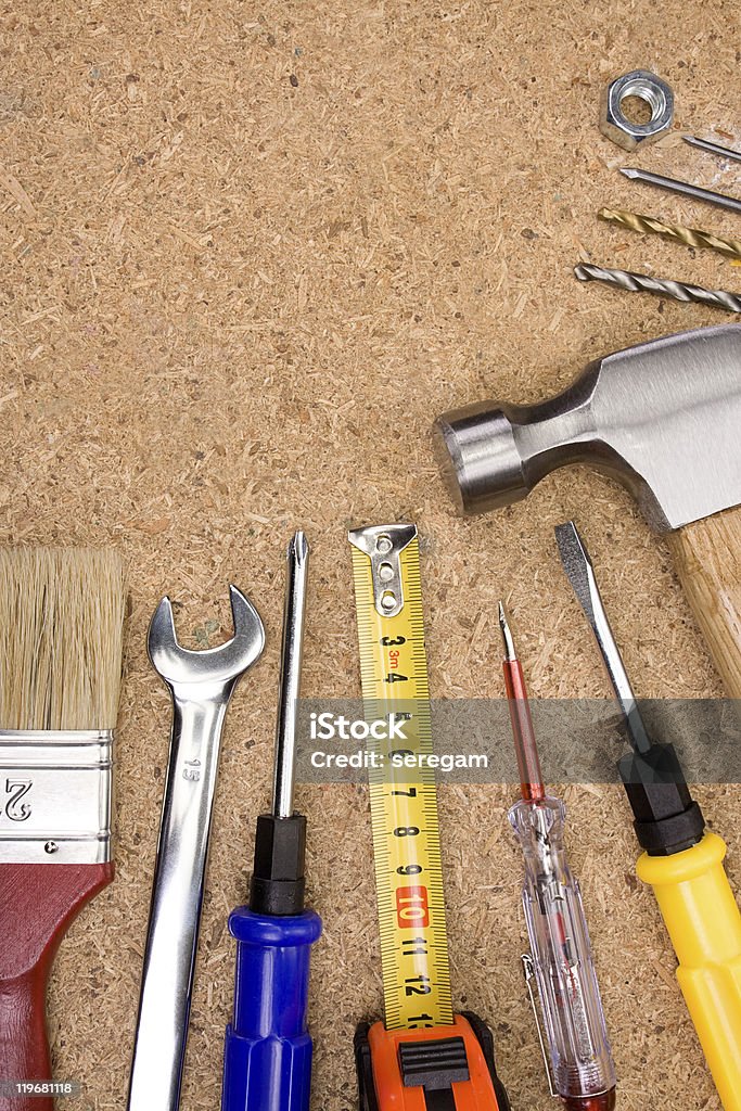 Conjunto de herramientas e instrumentos en madera - Foto de stock de Acero libre de derechos