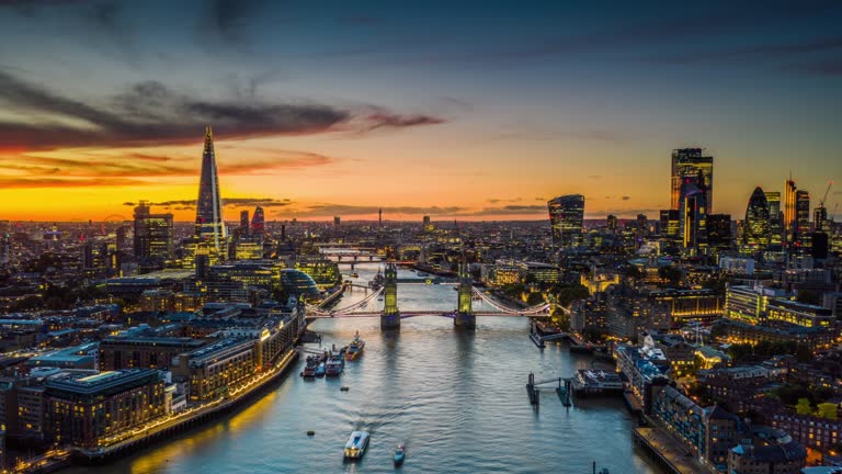 Aerial Hyperlapse of London City and the Tower Bridge