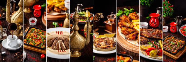 아랍 요리와 동양 요리의 사진 세트입니다. 커피, 후무스, 고기의 콜라주. 배경 이미지입니다. 복사 공간 - lebanese culture 뉴스 사진 이미지