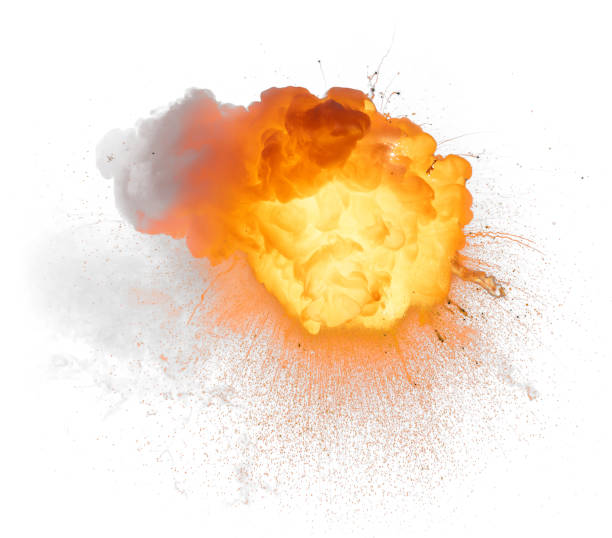 istock Realistic fiery bomb explosion with sparks and smoke isolated on white background 1196817727