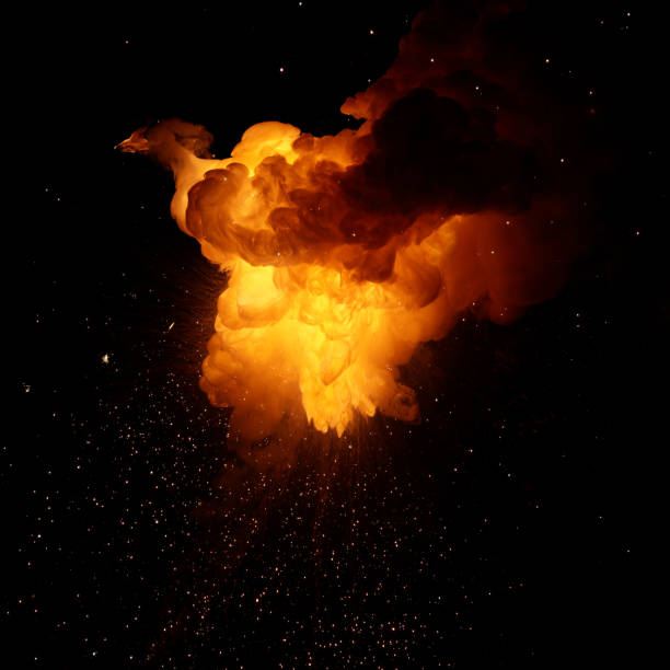 istock Realistic fiery bomb explosion with sparks and smoke isolated on black background 1196817764