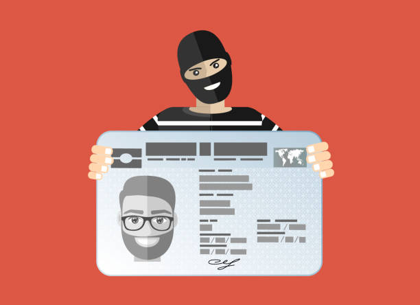 ID card data phishing. Thief hacker in mask stealing personal information.  Vector illustration flat design. ID card data phishing. Thief hacker in mask stealing personal information.  Vector illustration flat design. identity theft stock illustrations