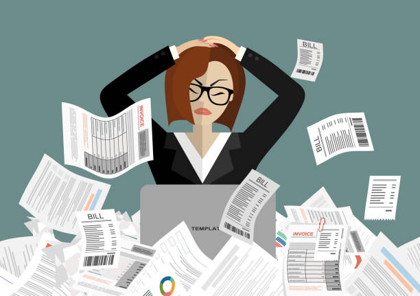 Stress at work concept flat illustration. Business woman needs help under a lot of documents in office.  Flat design style. Stress at work concept flat illustration. Business woman needs help under a lot of documents in office.  Flat design style. women under 20 stock illustrations
