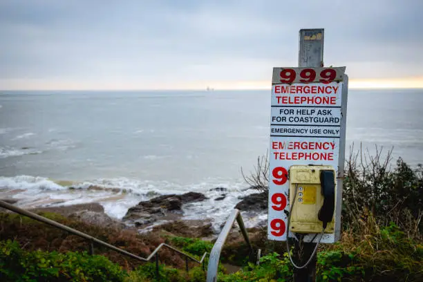A Weather beaten Emergency Telephone Used To Call The Coastguard in Swansea, Wales