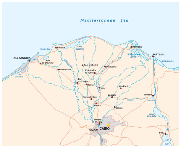 karte des nil-flussdeltas in oberägypten - gulf of suez stock-grafiken, -clipart, -cartoons und -symbole