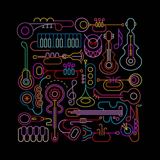 Music Instruments neon Neon colors isolated on a black background Music Instruments vector illustration. Square shape design with musical instruments and equipment neon music notes stock illustrations