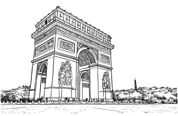 Vector drawing of Arc de Triomphe in Paris Classic style illustration of famous landmark of Paris. In distance there is visible top of Eiffel Tower arc de triomphe paris stock illustrations
