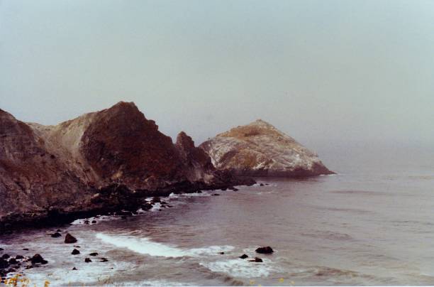 A long shot along the Big Sur, California coast, waves lapping along the beach on a foggy summer morning