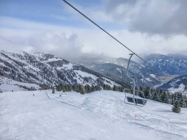 Winter panoramic view of ski pistens and ski lift in Austrias Alps. Winter landscape