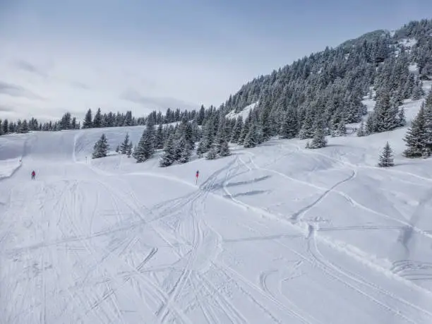 Winter panoramic view of ski pistens in Austrias Alps. Winter landscape. Wallpaper Background