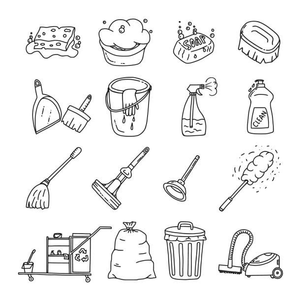 illustrazioni stock, clip art, cartoni animati e icone di tendenza di set doodles per la pulizia - vacuum cleaner illustrations