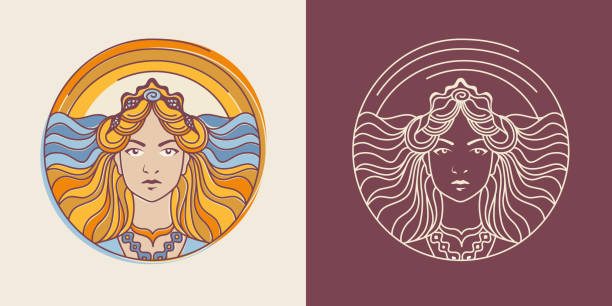海の若いブロンドの女性+日の出の背景。エオス、夜明けのギリシャの女神。エンブレム。編集可能なストローク - god点のイラスト素材／クリップアート素材／マンガ素材／アイコン素材