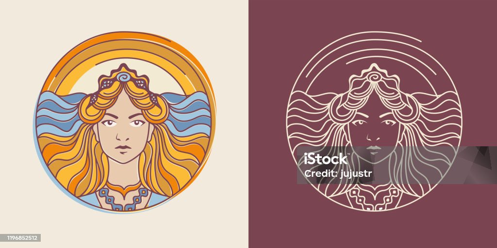 Young blond woman on the ocean + sunrise background. Eos, Greek goddess of dawn. Emblem. Editable stroke Young blond woman head on the ocean background Greek Goddess stock vector