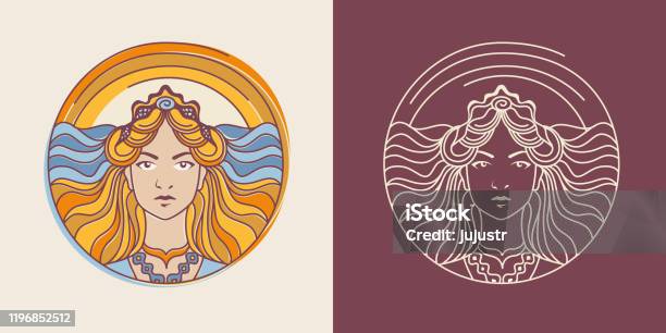 Young Blond Woman On The Ocean Sunrise Background Eos Greek Goddess Of Dawn Emblem Editable Stroke Stock Illustration - Download Image Now