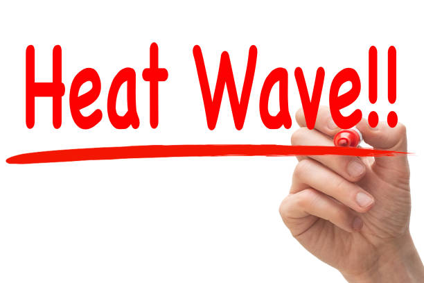 istock Hand writing the words heat wave with red marker pen. 1196853246