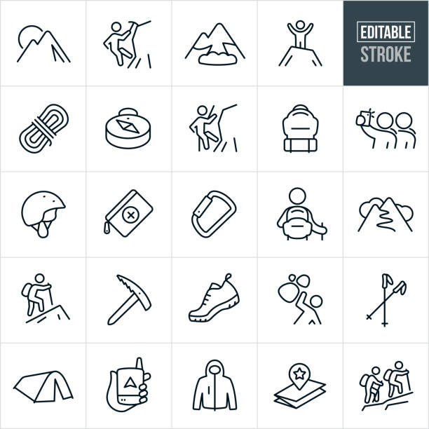 Mountaineering Thin Line Icons - Editable Stroke A set of mountaineering icons that include editable strokes or outlines using the EPS vector file. The icons include a mountain, ice climber, mountain climber, avalanche, rope, compass, backpack, mountaineer, people taking selfie, climbing helmet, safety gear, first aid kit, Carabiner, hiking, hiker, shoes, coat, dangers, trekking poles, tent, backpacker, backpacking, map and other related icons. climbing stock illustrations