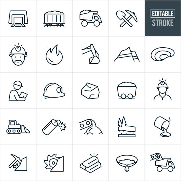 Mining Thin Line Icons - Editable Stroke A set of mining icons that include editable strokes or outlines using the EPS vector file. The icons include a mine, mine shaft, coal train, coal, dump truck, heavy equipment, pick, shovel, miner, strip mine, pit mine, inspector, hard hat, miners hat, bulldozer, dynamite, coal extraction, gold, gold extraction, gold mine, coal mine, panning for gold and other related icons. gold mining panning stock illustrations
