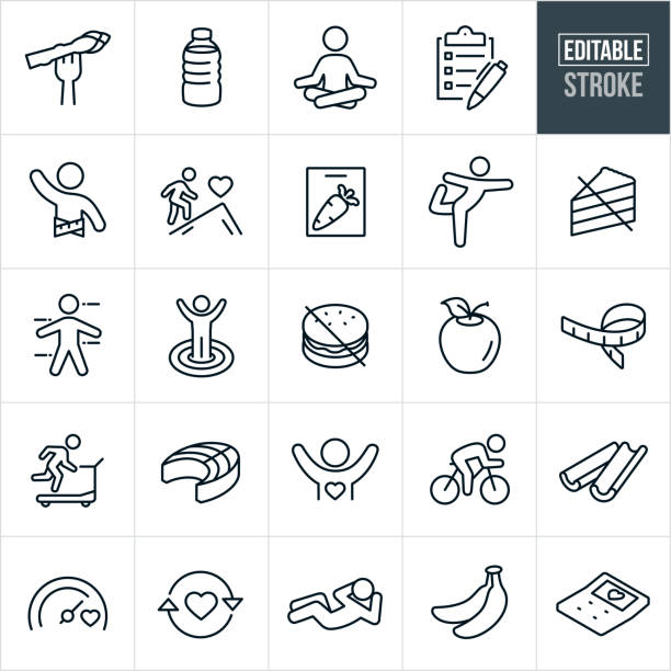 Healthy Lifestyle Thin Line Icons - Editable Stroke A set of healthy lifestyle icons that include editable strokes or outlines using the EPS vector file. The icons include people exercising, vegetables, Asparagus, water bottle, person meditation, person doing yoga, checklist, person living a healthy life, fitness goals, cutting board, avoidance of unhealthy foods, apple, tape measure, person running on treadmill, salmon, person riding a bicycle, celery, person doing a sit-up, bananas and a calculator to name a few. yoga stock illustrations