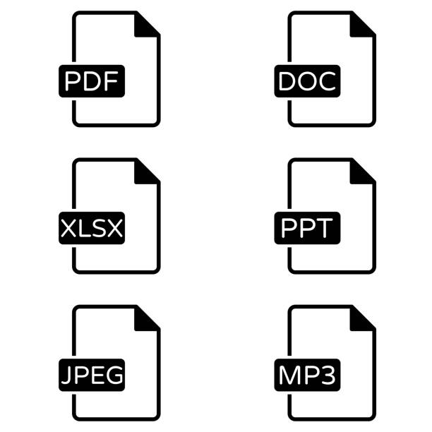 ilustrações, clipart, desenhos animados e ícones de pdf, doc, xlsx, ppt, jpeg, mp3 arquivo ícone definir ilustração vetorial isolada - pdf symbol document icon set