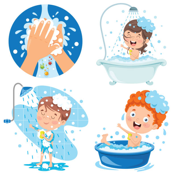 ilustraciones, imágenes clip art, dibujos animados e iconos de stock de colección de ilustraciones para el cuidado personal de los niños - shower child shampoo washing