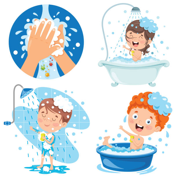 illustrazioni stock, clip art, cartoni animati e icone di tendenza di collezione di illustrazioni per la cura della personale dei bambini - fare il bagno