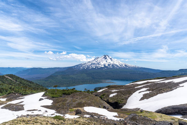 Llaima volcano and Conguillio Lake from Sierra Nevada volcano in Conguillio National Park, Andes of Araucania Region, southern Chile