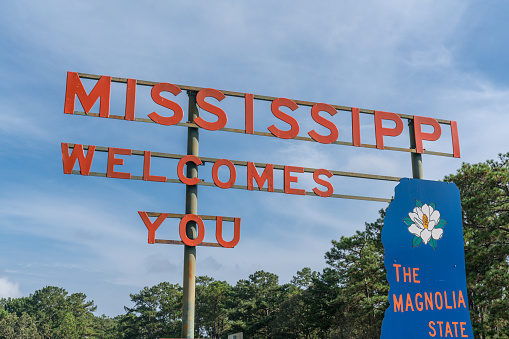 Mississippi, USA - October 7, 2019: Welcome to Mississippi sign along the highway near the state border
