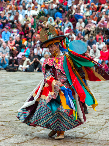 Paro. Bhutan. 03.22.05. Dance of the Black Hats at Paro Tshechu in the Kingdom of Bhutan. Tshechus are religious festivals of the Drukpa Lineage of the Kagyu school of Tibetan Buddhism.