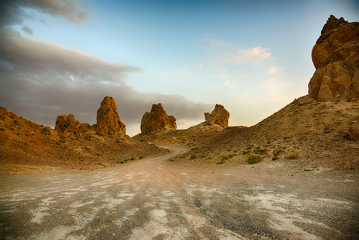 The eerie and unique landscape of the Trona Pinnacles, designated a National Natural Landmark by the United States Department of the Interior, located in the upper Mojave Desert in Southern California.