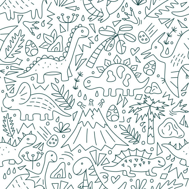 Cute doodle dinosaurs. Seamless pattern. Vector illustration in doodle style. Hand drawn. Cute doodle dinosaurs. Seamless pattern. Vector illustration in doodle style. Hand drawn. Linear dinosaur drawing stock illustrations