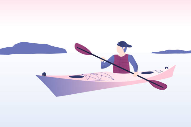 каякер плавает на каяке. �каяк в море. - rowing rowboat sport rowing oar stock illustrations